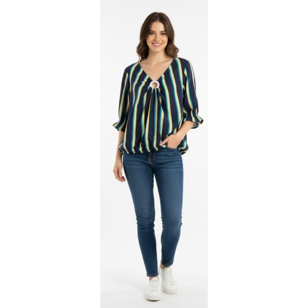 Ashley Stewart Striped Linen Blend Crop Shirt